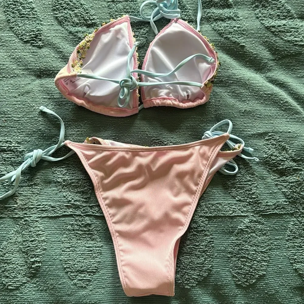 Unknown Brand Pink Ribbed String Bikini With Floral Trim Size L